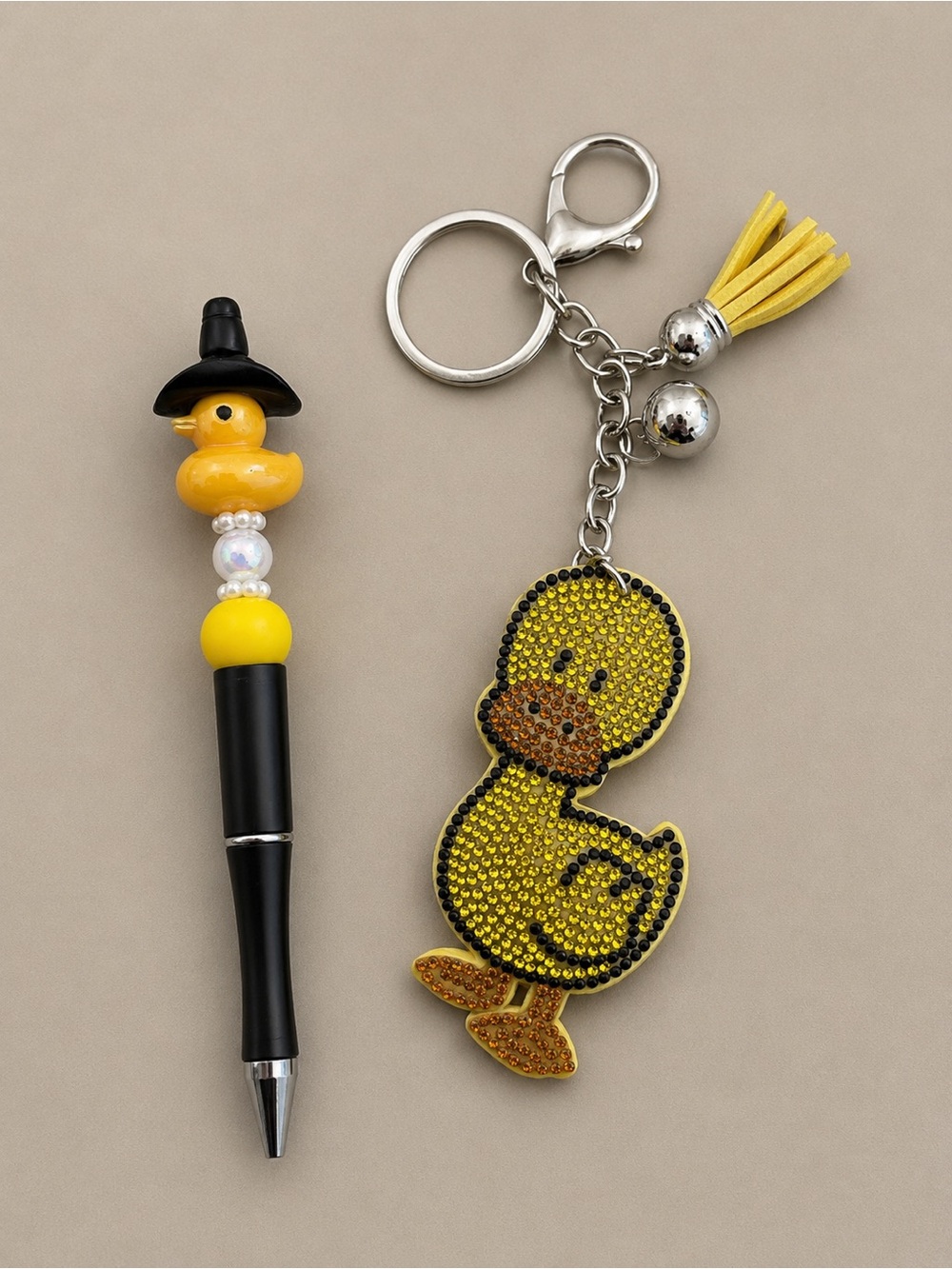 Yellow Duck Rhinestone Keychain with Tassel and handmade beaded duck pen